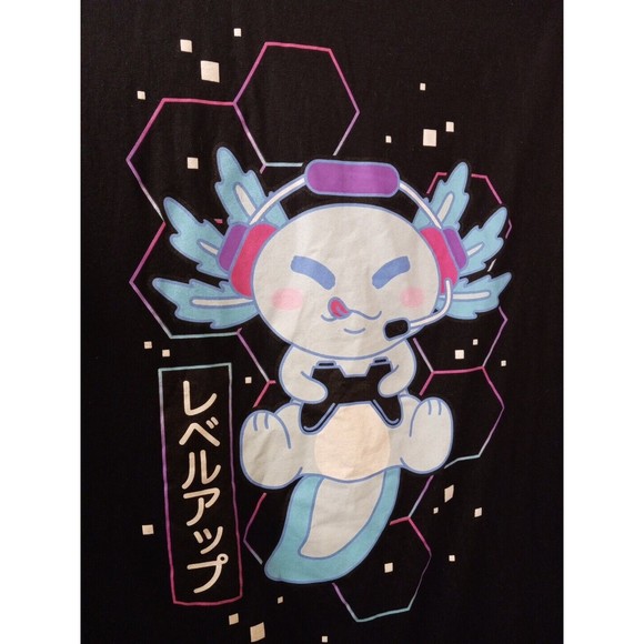 Hot Topic Unisex 100% Cotton Black Printed Axolotl Level Up T-shirt Size M - Picture 2 of 8